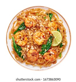 Prawn Pad See Ew isolated on white background. Pad See Ew is thai cuisine dish with rice noodles, prawns, soy and oyster sauces and greens. Thailand food. Isolate