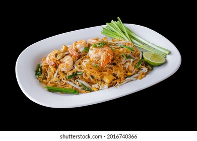 Prawn Pad Thai. Isolated On Black Background With Clipping Path.