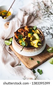 Prawn Shawarma Buddha Bowl With Quinoa, Avocado, Pepper And Mango Salsa. Middle Eastern Food