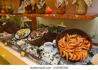 Prawn And Shrimps On Ice, Seafood Buffet Line In Restaurant