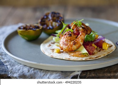 Prawn Tacos With Avocado, Lettuce, Sweet Corn And Tomato Salsa