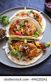 Prawn Tacos With Avocado, Lettuce, Sweet Corn And Tomato Salsa