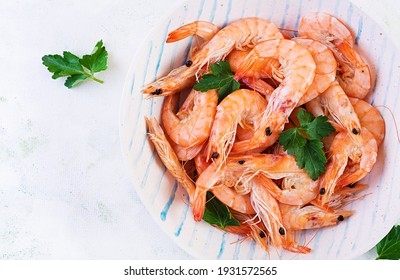 Prawns On Bowl. Shrimps, Prawns. Whole Boiled Shrimp. Seafood. Top View, Flat Lay, Copy Space