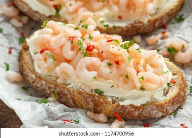 Prawns, Shrimp Seafood Bruschetta With Creamy Cheese, Parsley And Chili.