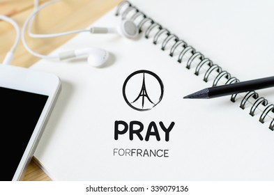 Pray for France   Peace symbol drawing white sketchbook    Eiffel tower peace sign