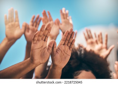 Pray, Hands And People Praying Against Blue Sky, United For Religion, Worship And Praise Outdoors. Community, Church And Hand Of People In Support Of God, Peace And Love By Group In Spiritual Prayer