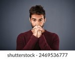 Pray, portrait and man in studio for hope, wish or opportunity on gray background, Spiritual, religion and male person with hands together for worship, faith mindfulness or good news on mockup