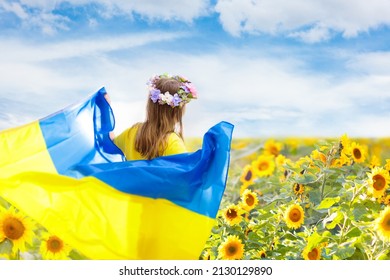 Pray for Ukraine. Child with Ukrainian flag in sunflower field. Little girl waving national flag praying for peace. Happy kid celebrating Independence Day.
