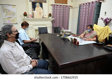 Prayagraj: U.P. Board Secretary Neena Srivastava Take Meeting With Officers On 1st Day During A Nationwide Lockdown In Prevent Measure Of COVID 19 Coronavirus In Prayagraj On Monday, April 20, 2020.