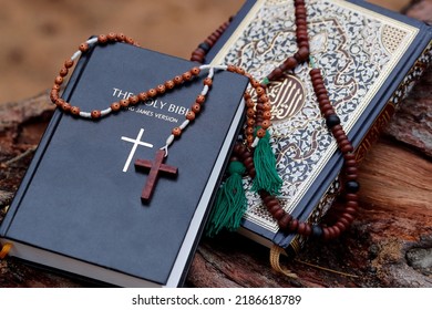 Prayer Beads, Bible And Kuran. Interfaith Symbols. 