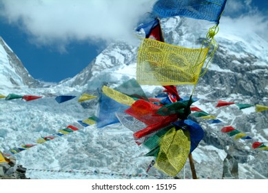 Prayer Flags and Khumbu Icefall at Mount Everest Base Camp - 2