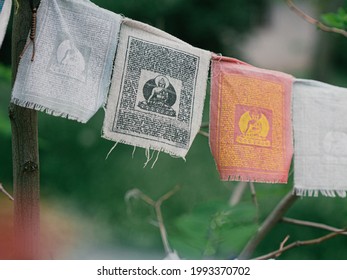 Prayer Flags With Mantra Outdoor. Tibetan Lungta Flags. Tibetan Buddhism Prayer Flags Lung-ta
