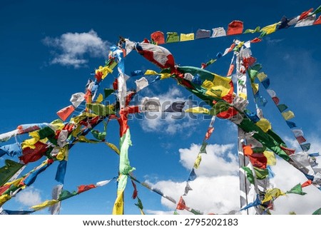 Prayer flags pole on the top of Tsergo Ri (4,990m) the high point on the Langtang valley trek of Nepal. The prayer flags initiate peace and good tidings, their sacred mantras etched on the wind.