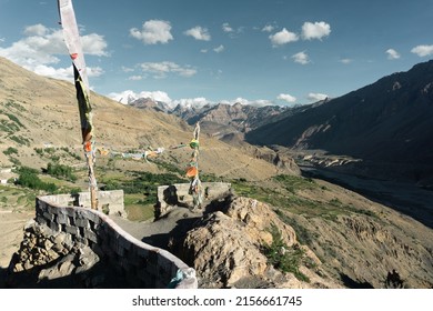 Prayer flags in tibetan village of Dankhar gompa in Spiti Valley, a magical travel destination in Indian Himalayas