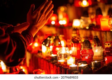 Prayer Hands. Candles In The Cemetery. 1st November. Feast Of All Saints. Hallowmas. All Souls' Day.