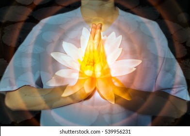 Prayer Hands Holding Pink Lotus Flower,Meditation Or Relax Concept