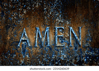 Prayer sculpture in bronze weathered metal with word Amen as end of praying - Shutterstock ID 2314260639
