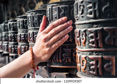 Prayer wheels at swayambhunath monkey temple in Kathmandu, Nepal