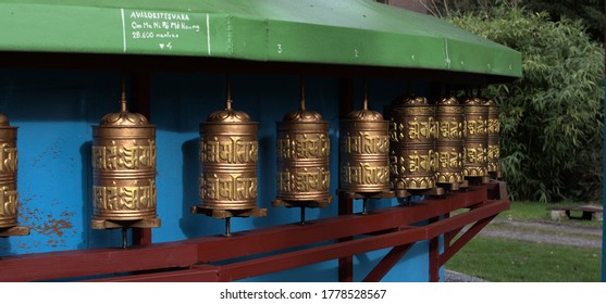 Prayer wheels at the Tibetan Buddhist institute Kagyu Yeunten Gyamtso Ling
