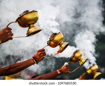 Prayers( Aarti) Offered By Lightened Lamps To Beloved Ganges At The River Bank Of Rishikesh