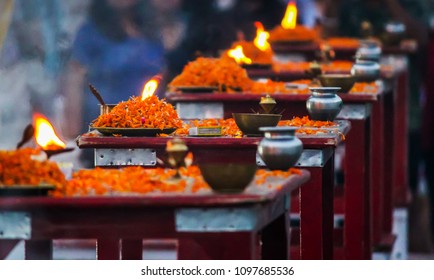 Prayers( Aarti) Offered By Lightened Lamps To Beloved Ganges At The River Bank Of Rishikesh