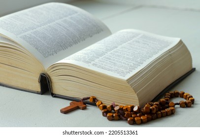 Praying With The Bible And Cross On A Table At Home No People Stock Photo 