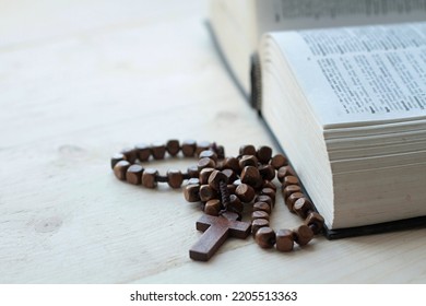 Praying With The Bible And Cross On A Table At Home No People Stock Photo 