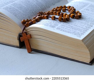 Praying With The Bible And Cross On A Table At Home No People Stock Photo