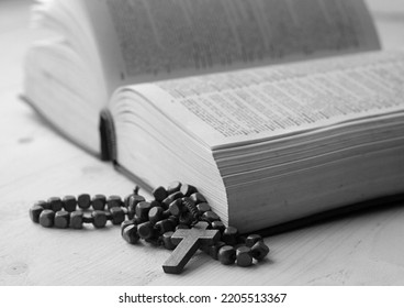 Praying With The Bible And Cross On A Table At Home No People Stock Photo 