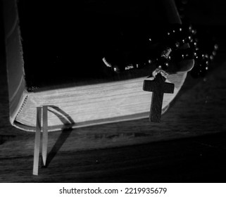 Praying With The Bible And Cross On A Table At Home No People Stock Photo