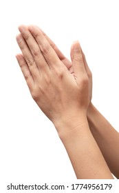 Praying hand sign, two woman's palm are clasped all together. hand language concept