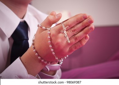 Praying Hands. Boy Hands With Rosary