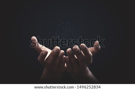 Praying hands with faith in religion and belief in God on blessing background. Power of hope or love and devotion.