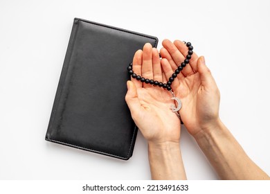 Praying Hands Hold Black Muslim Rosary With Silver Crescent Moon