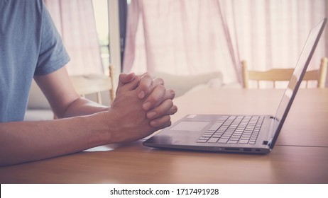 Praying Hands With Laptop,  Worship Online At Home, Streaming Online Church Service, Social Distancing, New Normal Concept