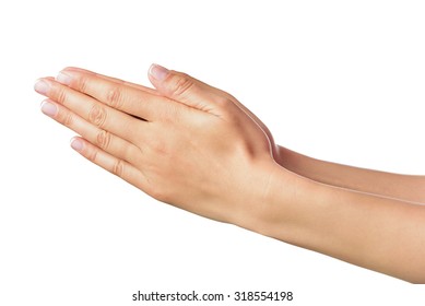 Praying Hands Of A Woman, Isolated On White.