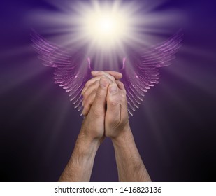 Praying for help from the Angelic Realms - male hands in praying position with a bright white light above and a pair of purple Angel wings
