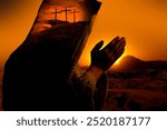 A praying man and three wooden crosses on hill against sky. Biblical Crucifixion on Mount Golgotha, Jesus Christ