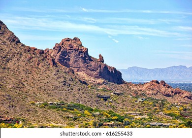The Praying Monk rock formation on the north side of Camelback Mountain in Phoenix, Arizona viewed from helicopter