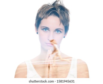 Praying Sensual Young Woman. On White Islolated, Double Multiple Exposure Effect,combined Images