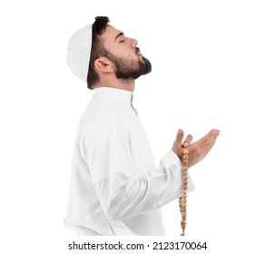 Praying Young Muslim Man On White Background