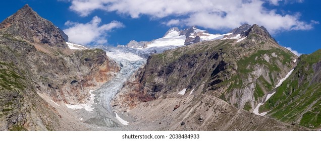 Pre De Bar Glacier. Melting Glacier In The Alps. Italy. Tour The Mont Blanc. Mountains, Panorama