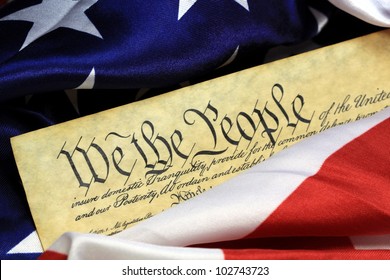 Preamble To The Constitution Of The United States And American Flag