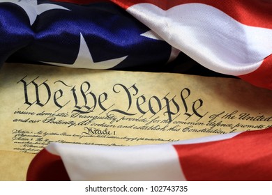 Preamble To The Constitution Of The United States And American Flag