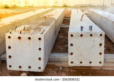 Precast Concrete Piles In Constuction Site.