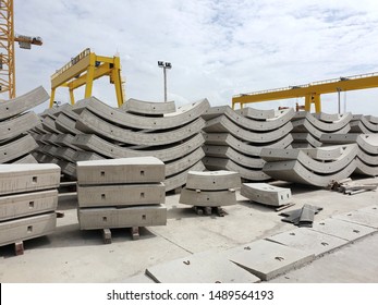 Precast concrete plant with blue sky in the construction site, in storage yard area at Thailand, Space for text in template, Concrete Tunnel Segments