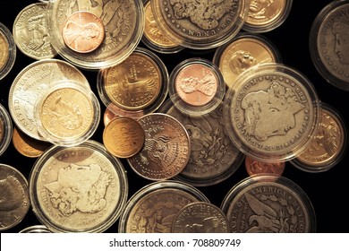 Precious American Dollars Collectible Coins Closeup. 
