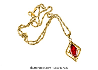 Precious Gold Necklace With Ruby Pendant Isolated Over White