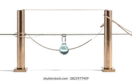 A precisely balanced composition featuring a delicate glass bulb containing blue liquid artfully suspended by thin strings between two polished brass poles against a stark white background showcasing equilibrium.