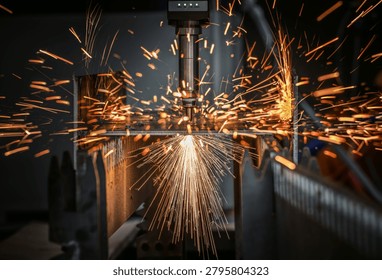 Precision CNC laser cutting of sheet metal with bright sparks in a modern factory, showcasing automated manufacturing technology and industrial production.